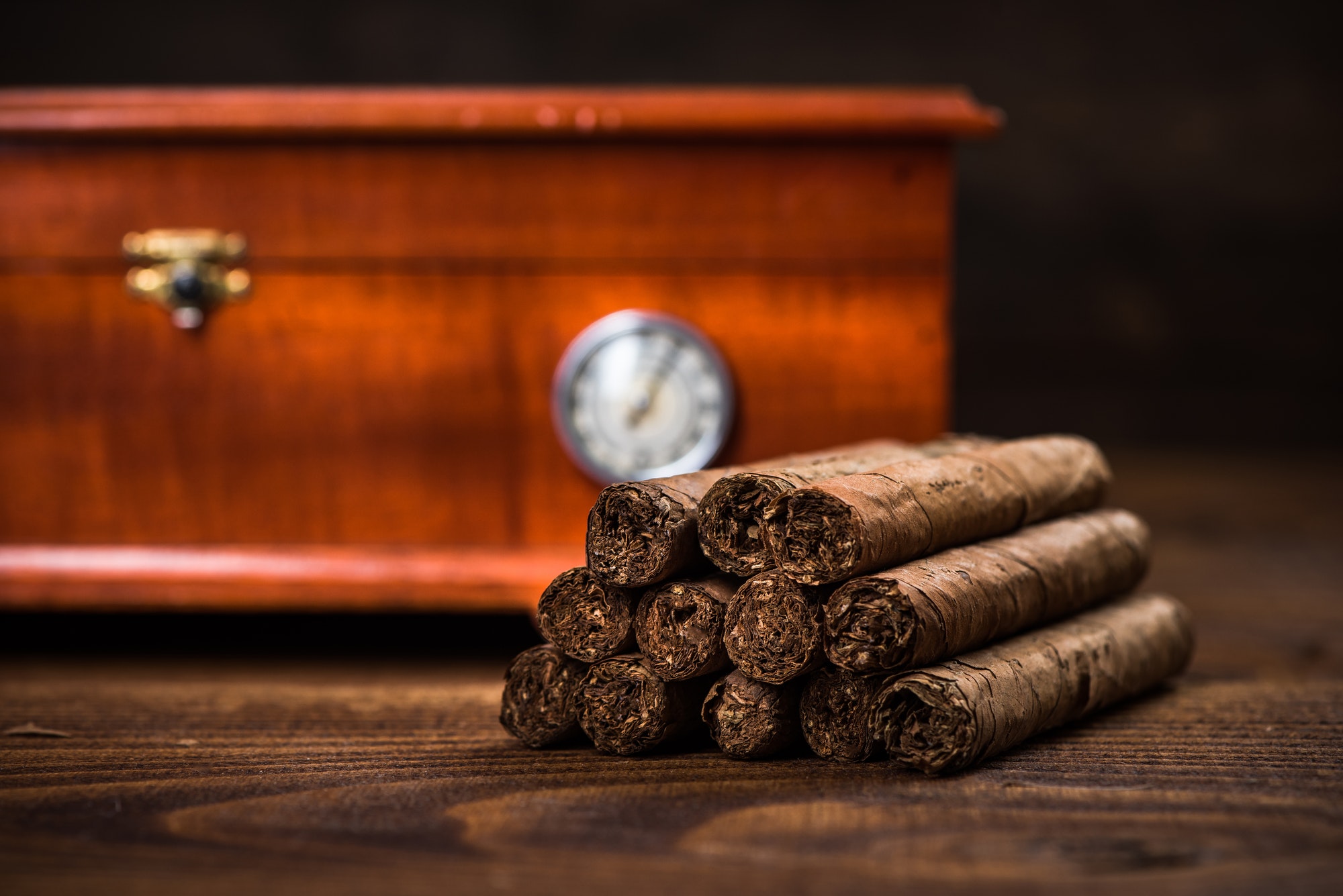 Cuban cigars with humidor in background